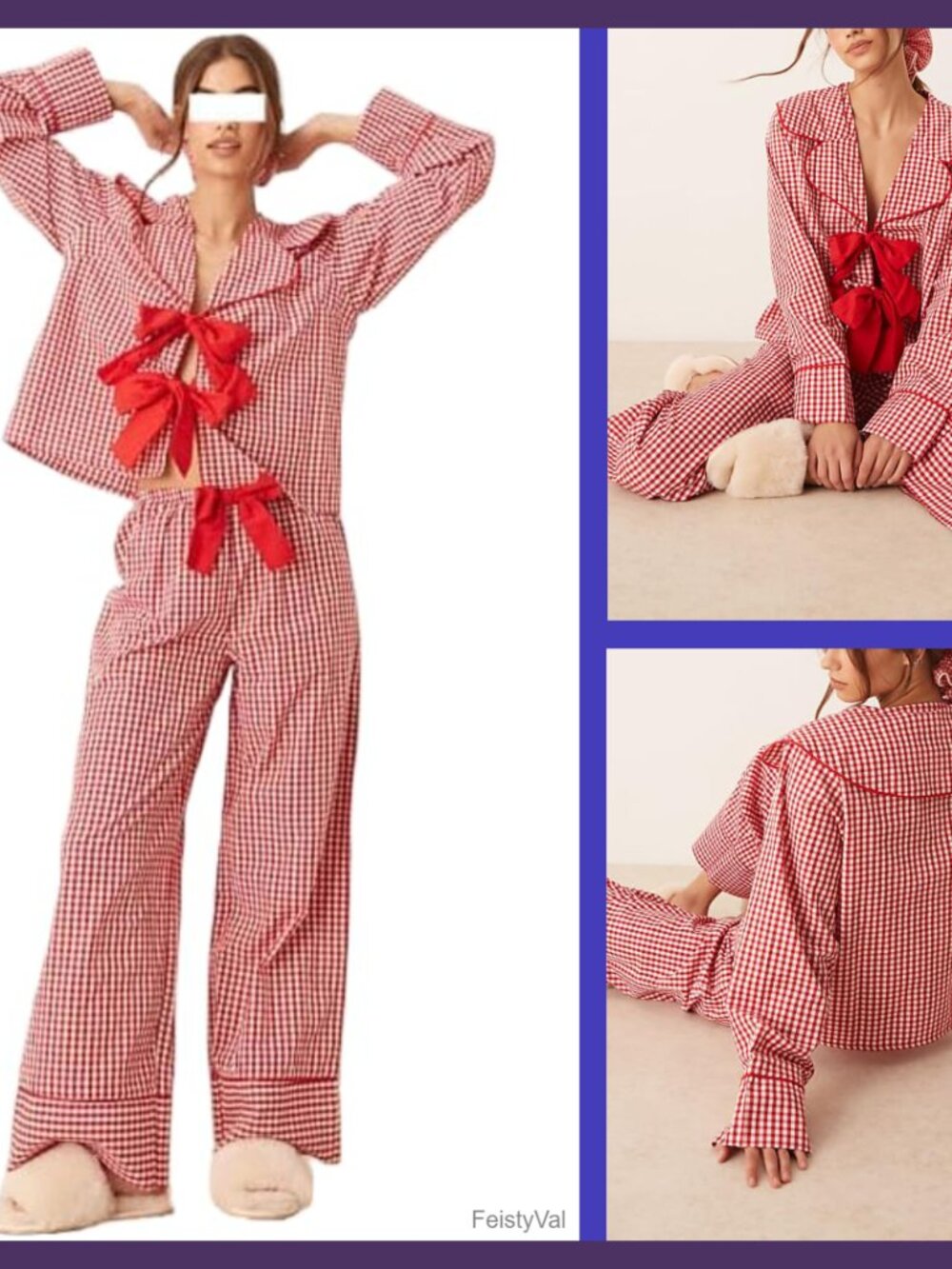 Women Holiday Pajama Set Bow Tie Front Babydoll Shirt Pants Lounge